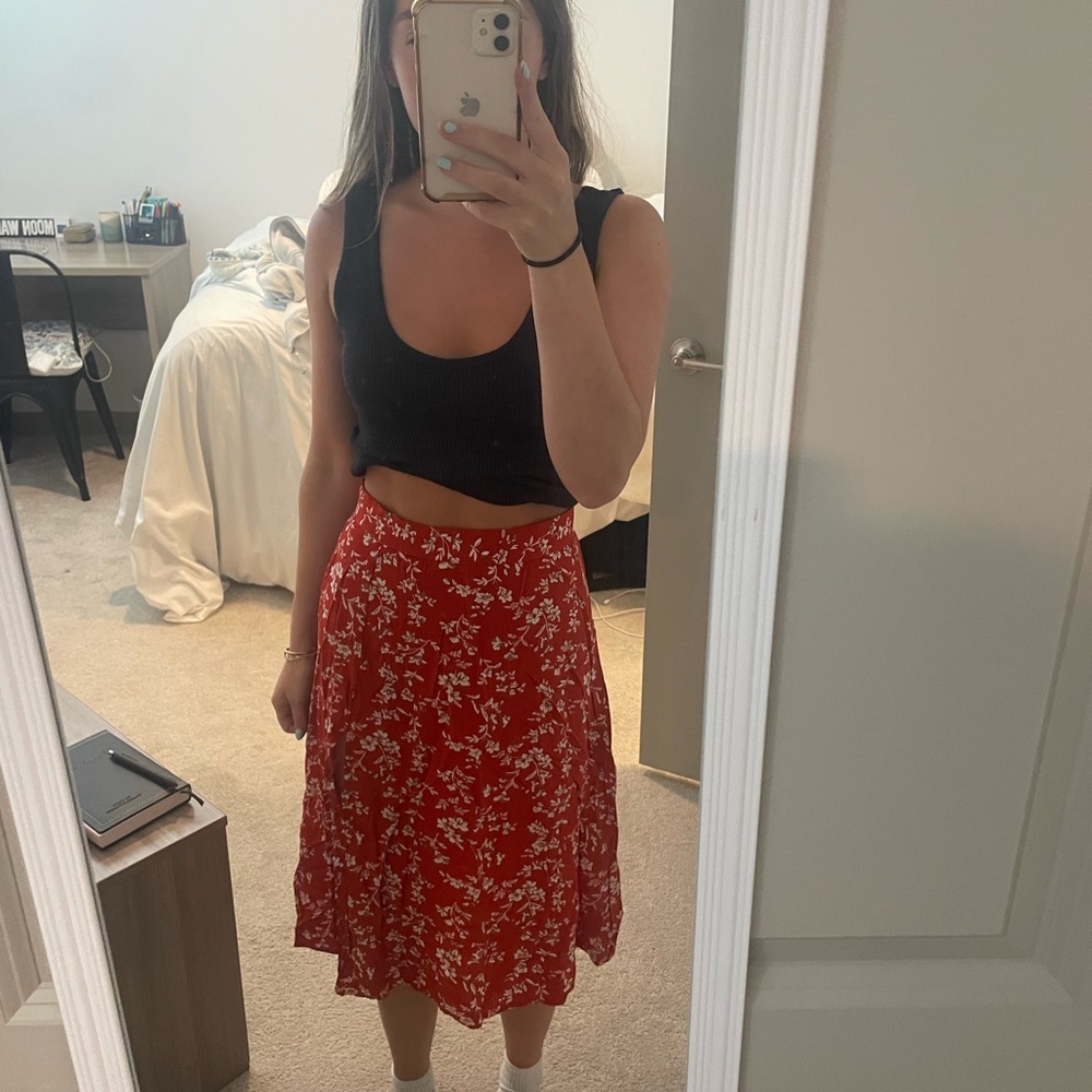 SHEIN Red and White Tiered A-Line Midi Skirt